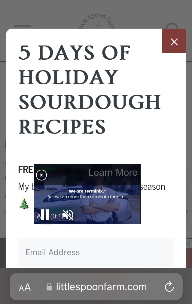 Screenshot of a recipe website with a video on top of a signup popup